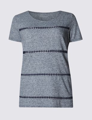 Lace Striped Loose Fit T-Shirt with Linen